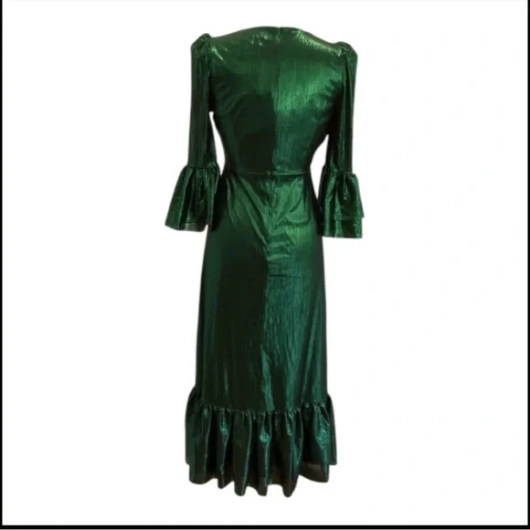 NWT Pomander Place Emerald Crinkle Lurex Midi Dress Size L Holiday Wedding Party - Picture 4 of 9
